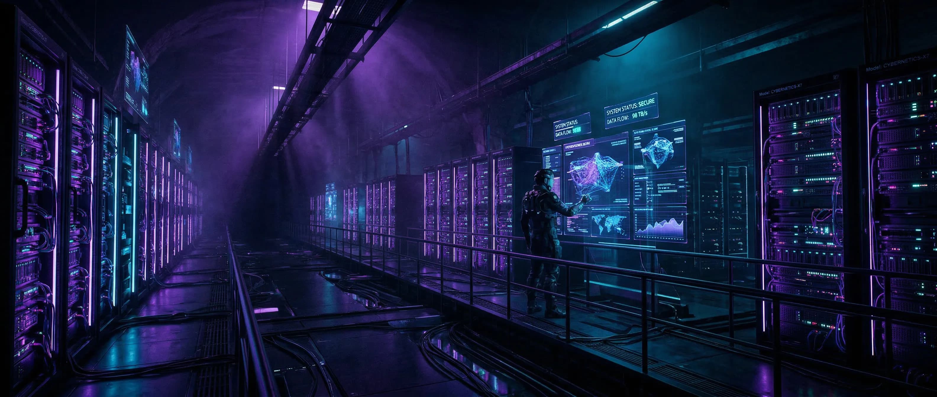 Server corridor representing r3dpill.AI delivery infrastructure.